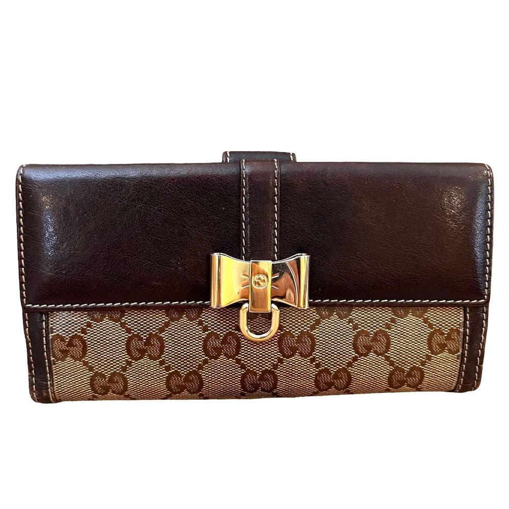 Authentic Gucci Wallet Long Bi Fold Brown Leather Used GG Vintage